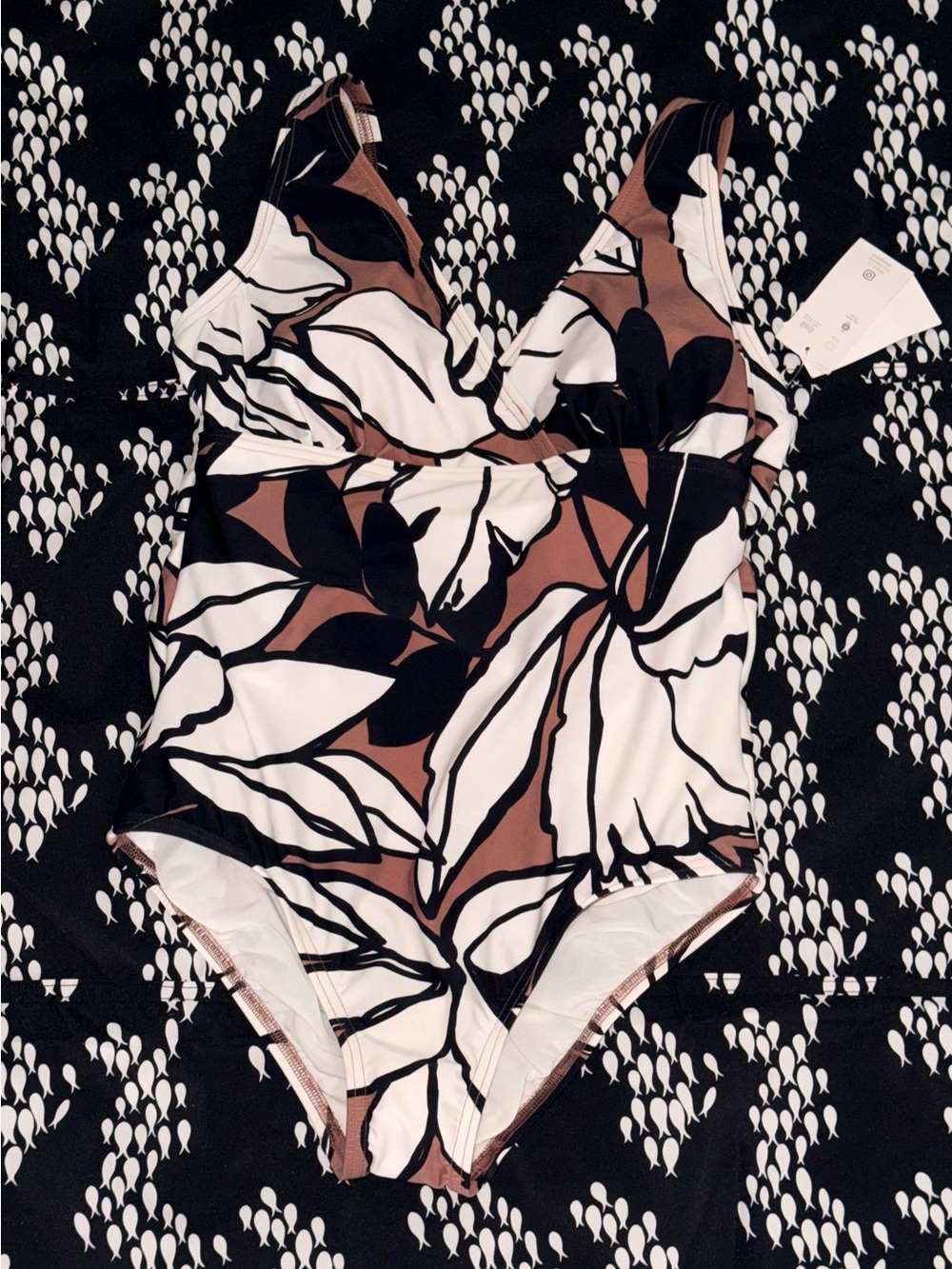Floral One-Piece Swimsuit in White, Black & Brown